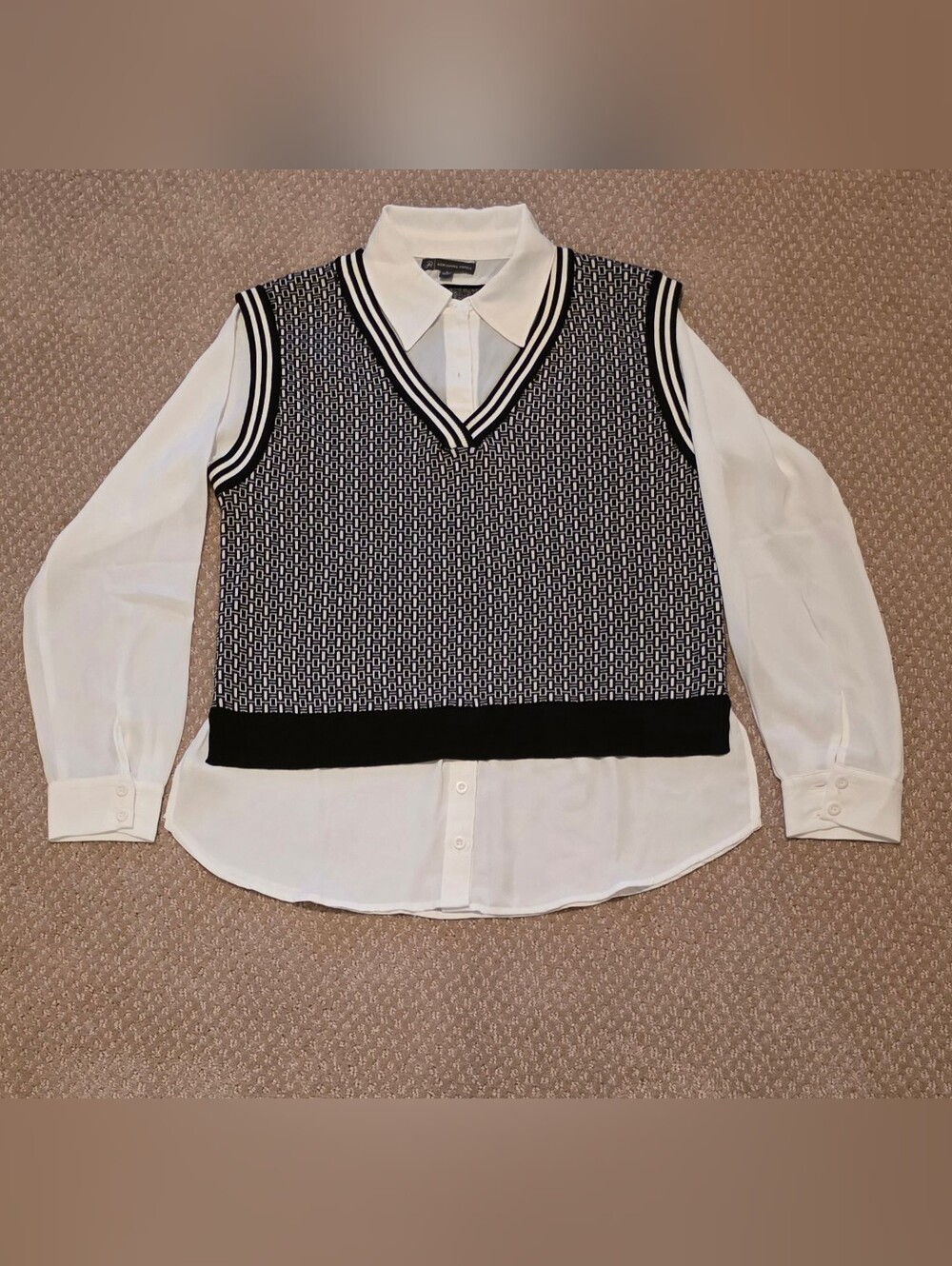 Adrienne Vittadini Black & White Layered Sweater Vest Blouse